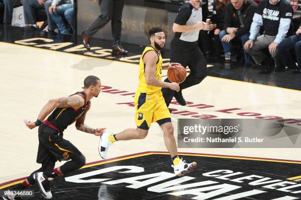 Cory Joseph of the Indiana Pacers handles the ball against the Cleveland Cavaliers in Game Two of Round One of the 2018 NBA Playoffs on April 18,...