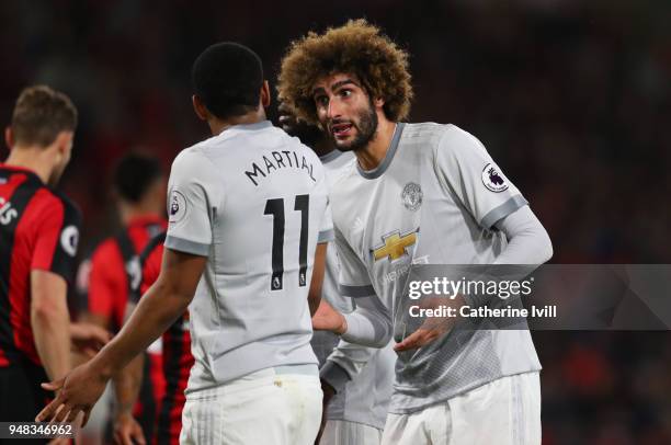 Marouane Fellaini of Manchester United talks to Anthony Martial of Manchester United during the Premier League match between AFC Bournemouth and...