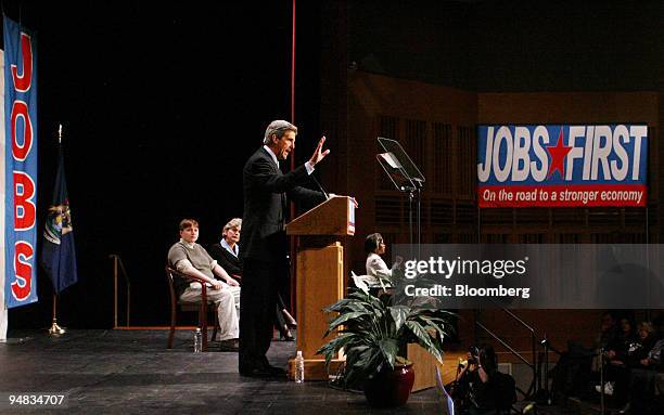Democratic Presidential candidate John Kerry speaks on the campus of Washtenaw Community College as a part of his Jobs First Express Tour on...