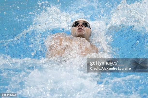 Leonardo de Deus of Brazil competes in the Men's 200m backstroke final during the Maria Lenk Swimming Trophy 2018 - Day 2 at Maria Lenk Aquatics...