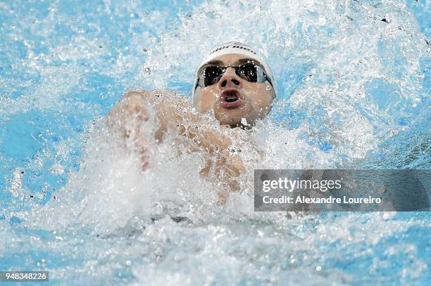 Leonardo de Deus of Brazil competes in the Men's 200m backstroke final during the Maria Lenk Swimming Trophy 2018 - Day 2 at Maria Lenk Aquatics...