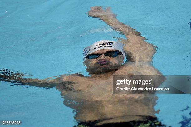 Leonardo de Deus of Brazil competes in the Men's 200m backstroke final during the Maria Lenk Swimming Trophy 2018 - Day 2 at Maria Lenk Aquatics...