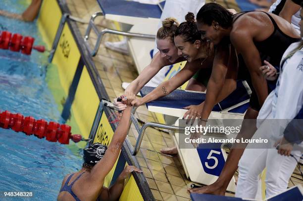 Athletes of Pinheiros celebrates the victory after competing in the Women's 4 X 200m freestyle relay final during the Maria Lenk Swimming Trophy 2018...
