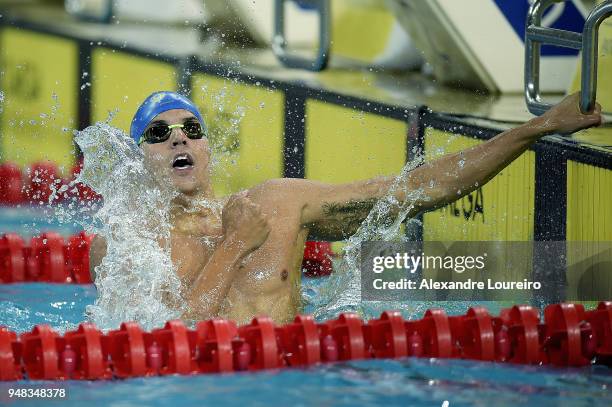 Miguel Leite Valente of Brazil celebrates the victory after competing in the Men's 4 X 200m freestyle relay final during the Maria Lenk Swimming...