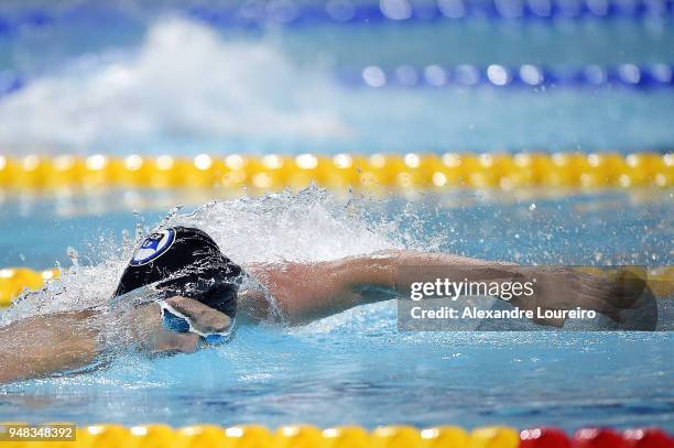 Luiz Altamir Lopes Melo of Brazil competes in the Men's 4 X 200m freestyle relay final during the Maria Lenk Swimming Trophy 2018 - Day 2 at Maria...