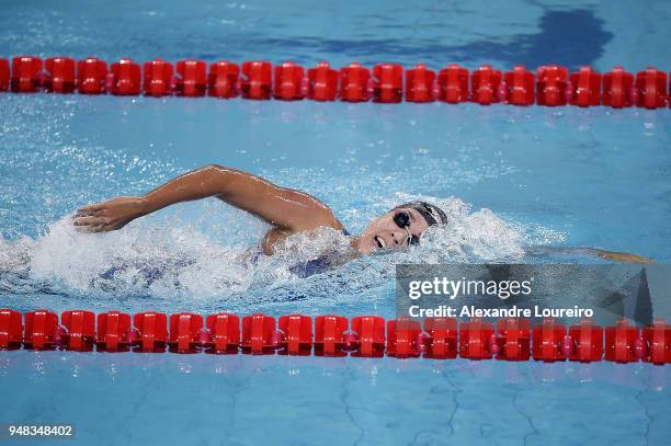 Aline da Silva Rodrigues of Brazil competes in the Women's 4 X 200m freestyle relay final during the Maria Lenk Swimming Trophy 2018 - Day 2 at Maria...