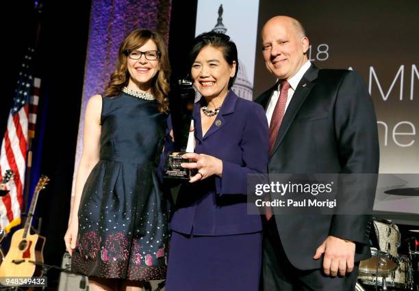 Lisa Loeb, United States Representative Judy Chu and John Poppo attend Grammys on the Hill Awards Dinner on April 18, 2018 in Washington, DC.