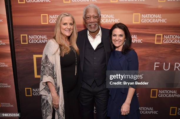 Executive Producer Lori McCreary, Host and Executive Producer Morgan Freeman of "The Story of God With Morgan Freeman: Season 3" and CEO of National...