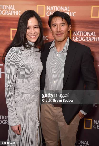 Director and Producer Chai Vasarhelyi, , and Jimmy Chin of "Free Solo" attend National Geographic's FURTHER Front immersive experience where the...