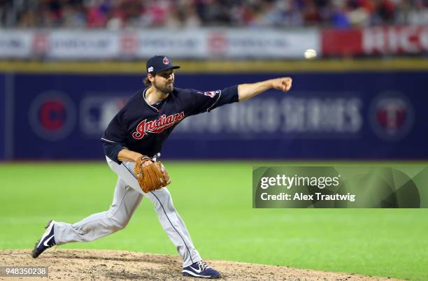 Andrew Miller of the Cleveland Indians pitches during the game against the Minnesota Twins at Hiram Bithorn Stadium on Wednesday, April 18, 2018 in...