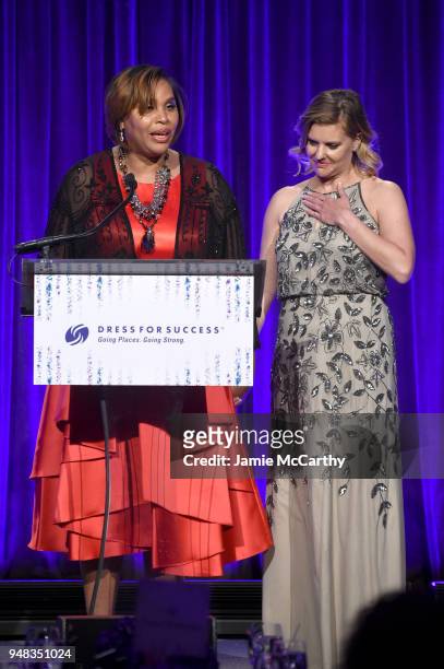 Joi Gordon and Kara Burns speak on stage at the Dress for Success Be Bold Gala at Cipriani Wall Street on April 18, 2018 in New York City.