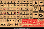 Set of packaging symbols, tableware, plastic, fragile symbols, cardboard symbols