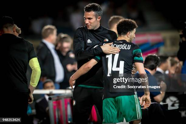 Bilal Basacikoglu of Feyenoord celebrates 1-5 with Robin van Persie of Feyenoord during the Dutch Eredivisie match between Willem II v Feyenoord at...