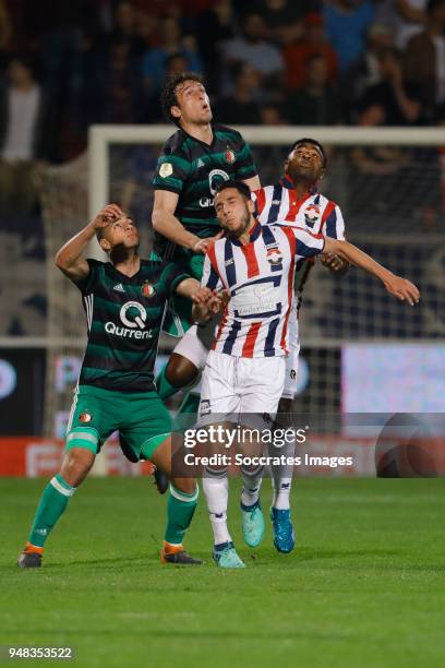 Sofyan Amrabat of Feyenoord, Eric Botteghin of Feyenoord, Ismail Azzaoui of Willem II, Bartholomew Ogbeche of Willem II during the Dutch Eredivisie...