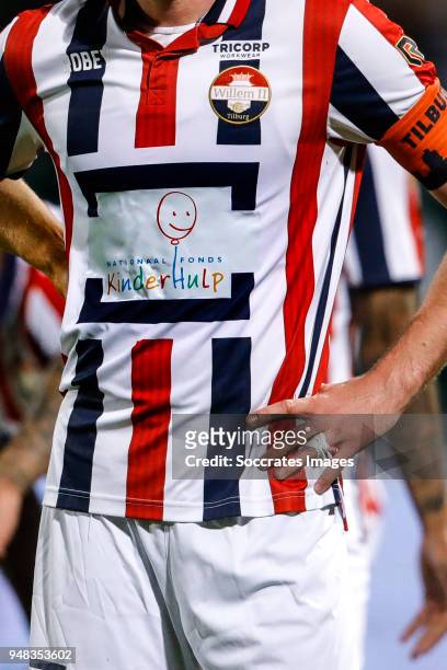Special shirt with Nationaal Fonds Kinderhulp during the Dutch Eredivisie match between Willem II v Feyenoord at the Koning Willem II Stadium on...