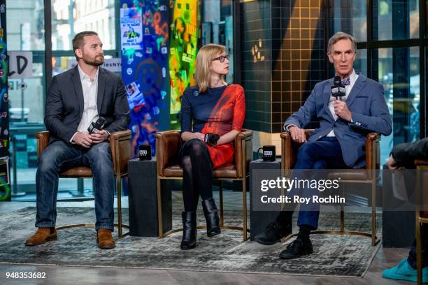 John Iadarola, Dr. Kate Marvel and Bill Nye discuss "Bill Nye: Science Guy" and "True North" with the Build Series at Build Studio on April 18, 2018...