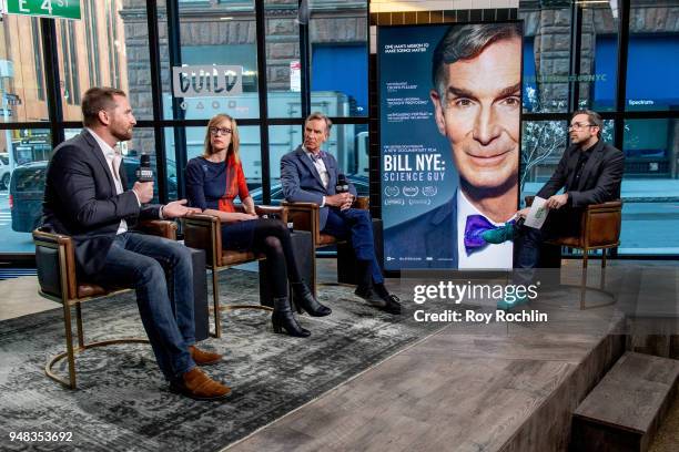 John Iadarola, Dr. Kate Marvel and Bill Nye discuss "Bill Nye: Science Guy" and "True North" with the Build Series at Build Studio on April 18, 2018...