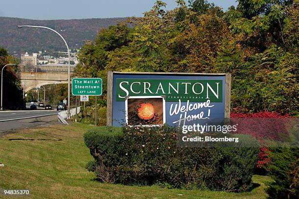 Sign welcomes visitors to Scranton, Pennsylvania, U.S., on Sunday, Oct. 12, 2008. Scranton, whose economy shriveled as mining, railroad and factory...