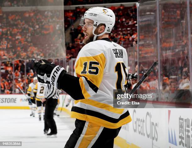Riley Sheahan of the Pittsburgh Penguins celebrates his goal in the third period against the Philadelphia Flyers in Game Four of the Eastern...