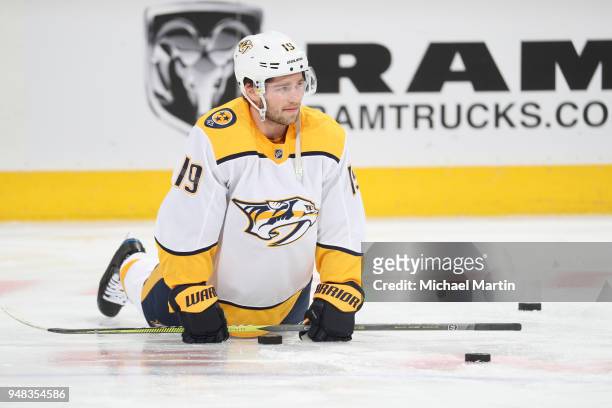 Calle Jarnkrok of the Nashville Predators stretches prior to the game against the Colorado Avalanche in Game Four of the Western Conference First...