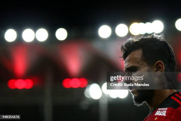 Henrique Dourado of Flamengo looks on during a match between Flamengo and Santa Fe as part of Copa CONMEBOL Libertadores 2018 at Maracana Stadium on...