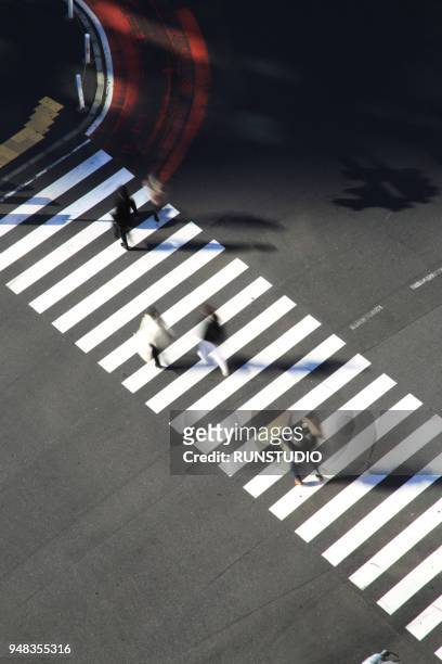 high angle view of pedestrians crossing shibuya street - zebra crossing 個照片及圖片檔