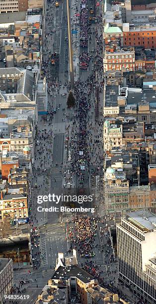 An aerial view of protestors marching down O'Connell Street is seen on a National Day of Protest in support of Irish Ferries workers in Dublin...