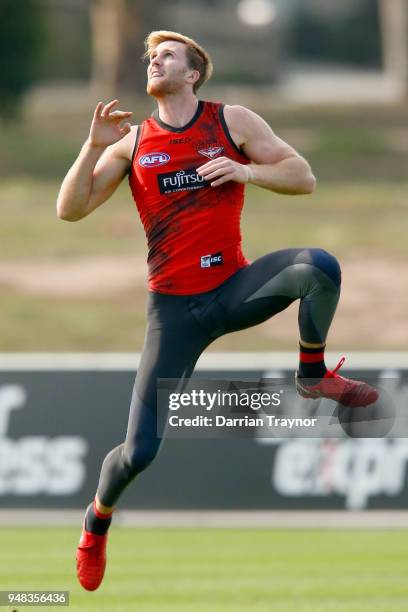 James Stewart of the Bombers marks the ball during an Essendon Bombers traing session on April 19, 2018 in Melbourne, Australia.