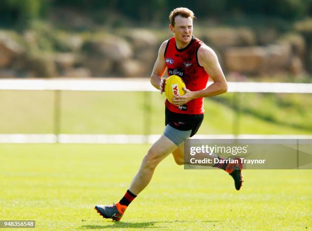 Brendon Goddard of the Bombers runs with the ball during an Essendon Bombers traing session on April 19, 2018 in Melbourne, Australia.