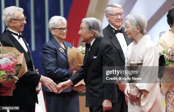 Japanese Emperor Akihito and Empress Michiko attend an award ceremony for the Japan Prize in Tokyo on April 18, 2018. The prize, sponsored by the...