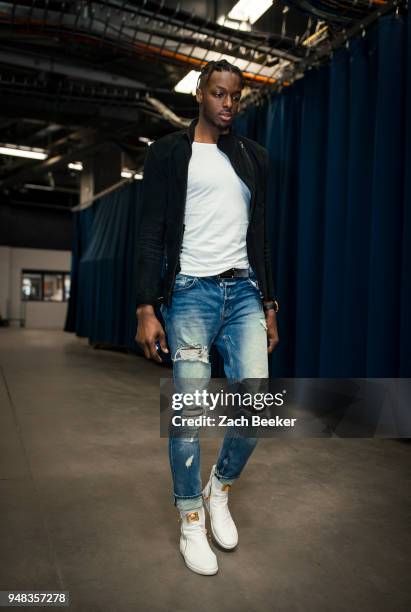 Jerami Grant of the Oklahoma City Thunder arrives to the arena prior to Game Two of Round One of the 2018 NBA Playoffs against the Utah Jazz on April...