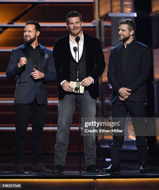 Buckley, David Boreanaz and Max Thieriot present an award during the 53rd Academy of Country Music Awards at MGM Grand Garden Arena on April 15, 2018...