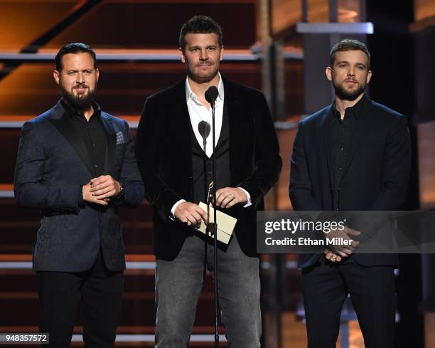 Buckley, David Boreanaz and Max Thieriot present an award during the 53rd Academy of Country Music Awards at MGM Grand Garden Arena on April 15, 2018...
