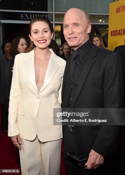 Elizabeth Olsen and Ed Harris attend the premiere of Netflix's "Kodachrome" at ArcLight Cinemas on April 18, 2018 in Hollywood, California.