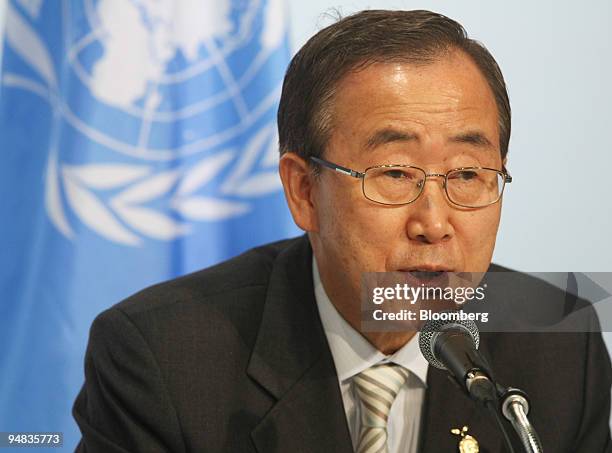 Ban Ki-moon, United Nations secretary-general, speaks during a joint news conference with Robert Zoellick, president of the World Bank, unseen, at...