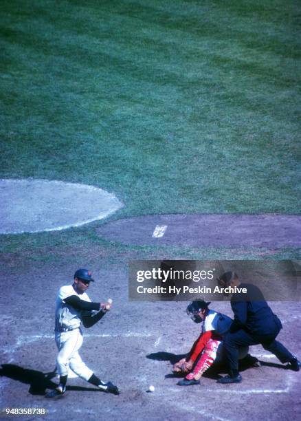 Felipe Alou of the San Francisco Giants fouls off the pitch during an MLB game against the St. Louis Cardinals on August1, 1962 at Candlestick Park...