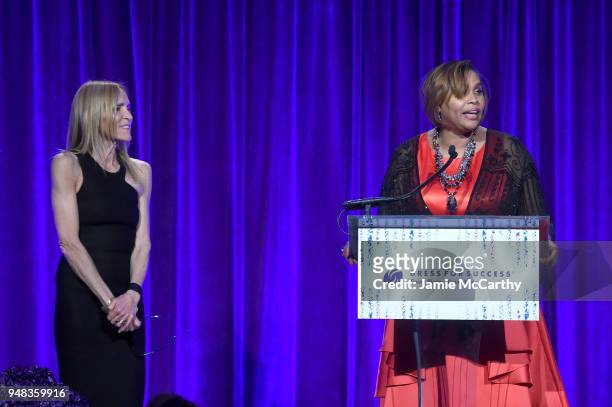 Stephanie Sobel and Joi Gordon speak on stage at the Dress for Success Be Bold Gala at Cipriani Wall Street on April 18, 2018 in New York City.