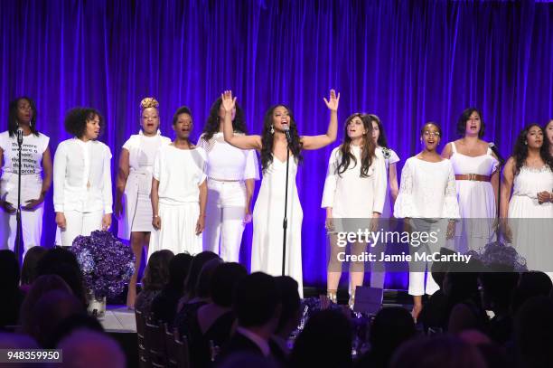 The Resistance Revival Chorus performs on stage at the Dress for Success Be Bold Gala at Cipriani Wall Street on April 18, 2018 in New York City.