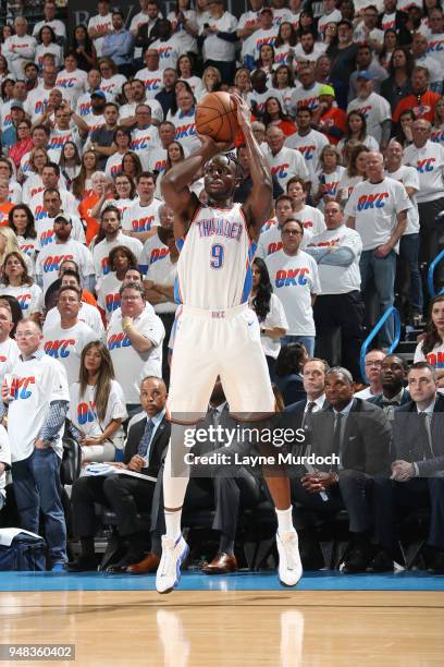 Jerami Grant of the Oklahoma City Thunder shoots the ball against the Utah Jazz in Game Two of Round One of the 2018 NBA Playoffs on April 18 2018 at...