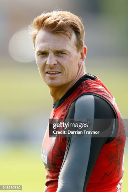 Brendon Goddard of the Bombers looks on during an Essendon Bombers traing session on April 19, 2018 in Melbourne, Australia.