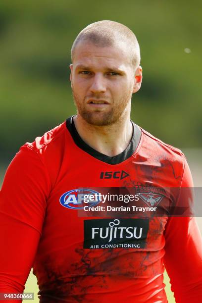 Jake Stringer of the Bombers jogs laps during an Essendon Bombers traing session on April 19, 2018 in Melbourne, Australia.