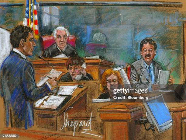 Assistant U.S. Attorney David Anders, left, cross-examines former Credit Suisse First Boston technology banker Frank Quattrone, right, as Judge...