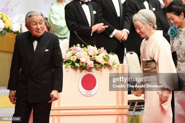 Emperor Akihito and Empress Michiko attend the Japan Prize Award Ceremony on April 18, 2018 in Tokyo, Japan.
