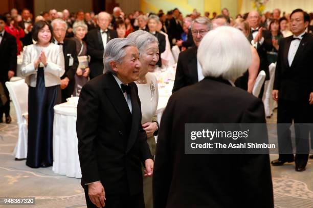 Emperor Akihito and Empress Michiko leave at the dinner of the Japan Prize Award Ceremony on April 18, 2018 in Tokyo, Japan.