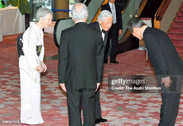 Emperor Akihito and Empress Michiko are seen on arrival at the National Theatre to attend the Japan Prize Award Ceremony on April 18, 2018 in Tokyo,...