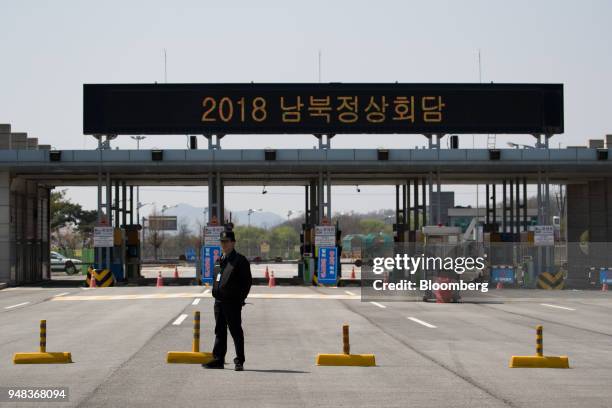 Security guard stands near a toll gate at the Customs, Immigration and Quarantine office near the demilitarized zone in Paju, South Korea, on...