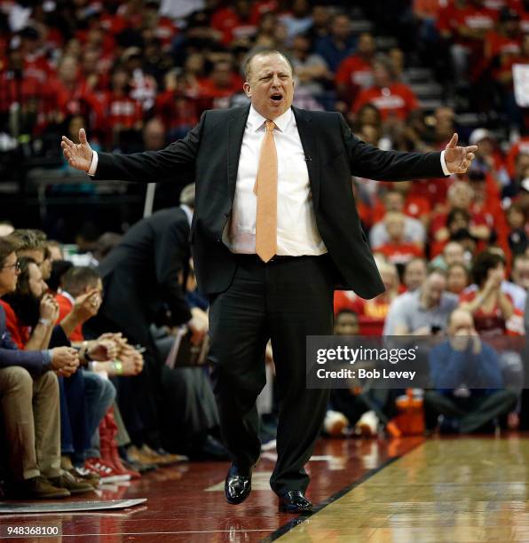 Head coach Tom Thibodeau of the Minnesota Timberwolves reacts to na officials call against the Houston Rockets during Game Two of the first round of...