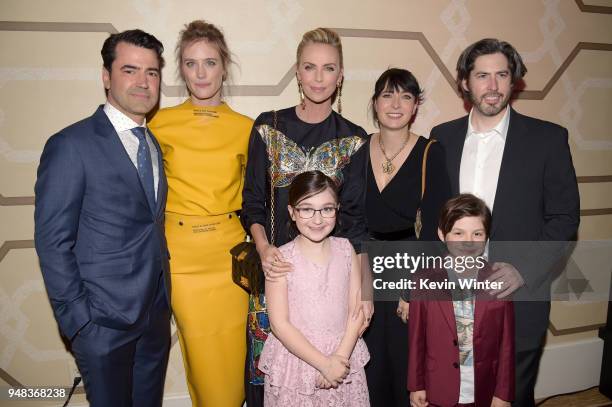 Ron Livingston, Mackenzie Davis, Charlize Theron, Lia Frankland, Diablo Cody, Asher Miles Fallica, and Jason Reitman attend the premiere of Focus...