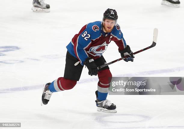 Colorado Avalanche left wing Gabriel Landeskog skates up ice during a first round playoff game between the Colorado Avalanche and the visiting...