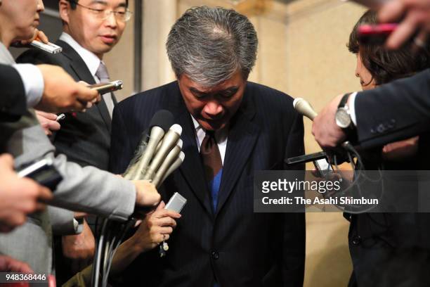 Junichi Fukuda, the top bureaucrat at the Finance Ministry bows to media reporters after his resignation on April 18, 2018 in Tokyo, Japan. Finance...